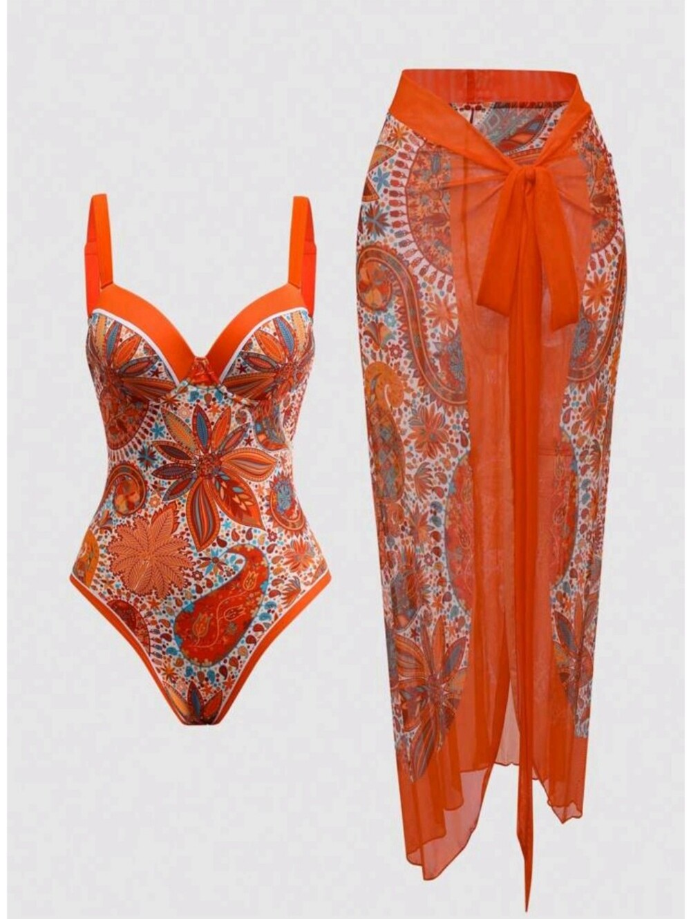 SHEIN Orange Paisley Print One-Piece Swimsuit with Sheer Sarong